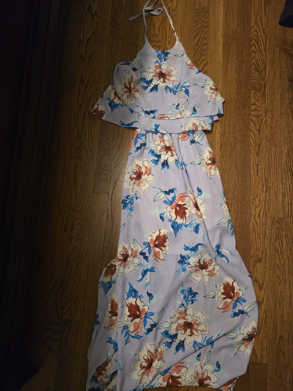 Aqua Lavender Floral Maxi Dress with Blue and Coral Blooms